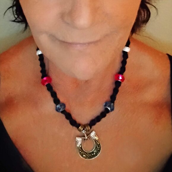 Gold-Toned Antiqued Rhinestone Horseshoe on a Handmade Black 20 1/4" Hemp Chain - Picture 2 of 6